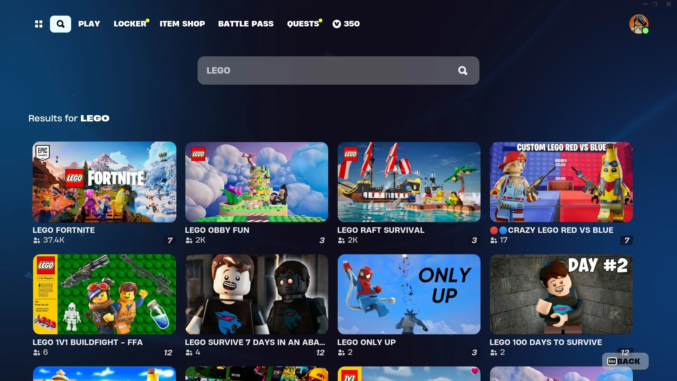 A player searching for LEGO Fortnite creative islands in Fortnite's Discovery tab