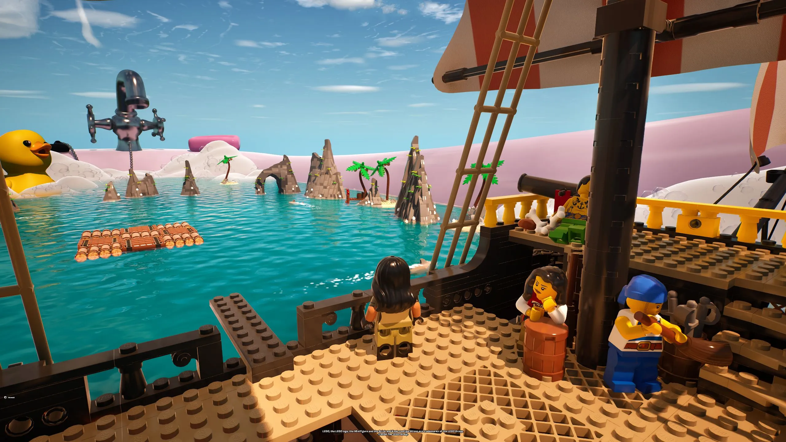 A female LEGO minifigure standing with other pirates on a pirate ship floating in a giant bathtub in LEGO Fortnite